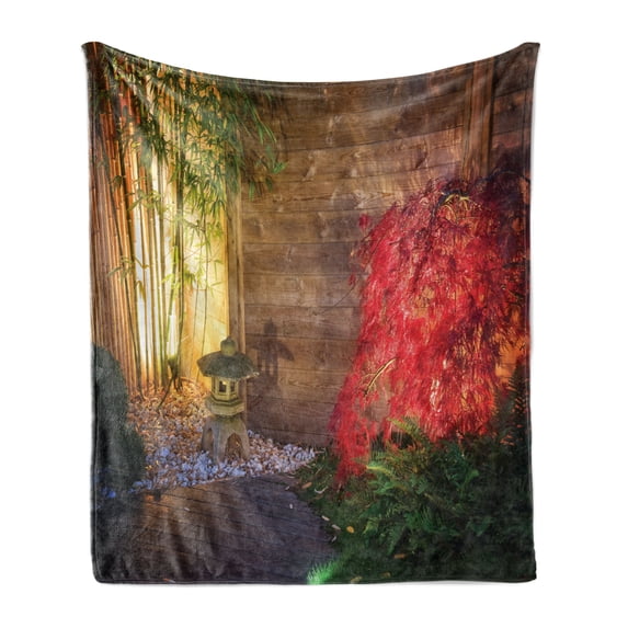 Garden Soft Flannel Fleece Throw Blanket, Japanese Stone Lantern and Red Maple Tree in an Autumnal Garden Bamboo Trees, Cozy Plush for Indoor and Outdoor Use, 50" x 60", Multicolor, by Ambesonne