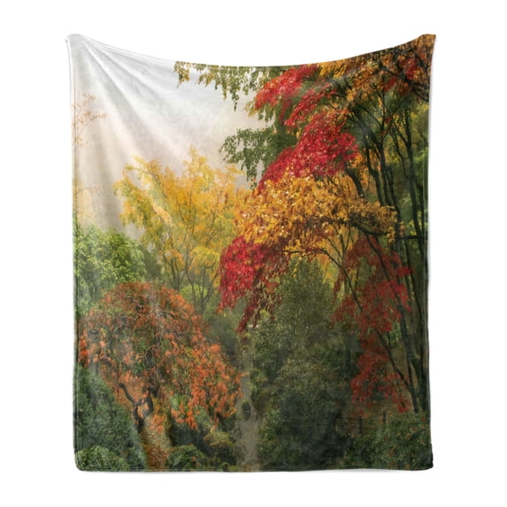 Garden Soft Flannel Fleece Throw Blanket, Maple Trees in the Fall at Portland Japanese Garden Foggy Morning Scenery, Cozy Plush for Indoor and Outdoor Use, 60" x 80", Red Yellow Green, by Ambesonne