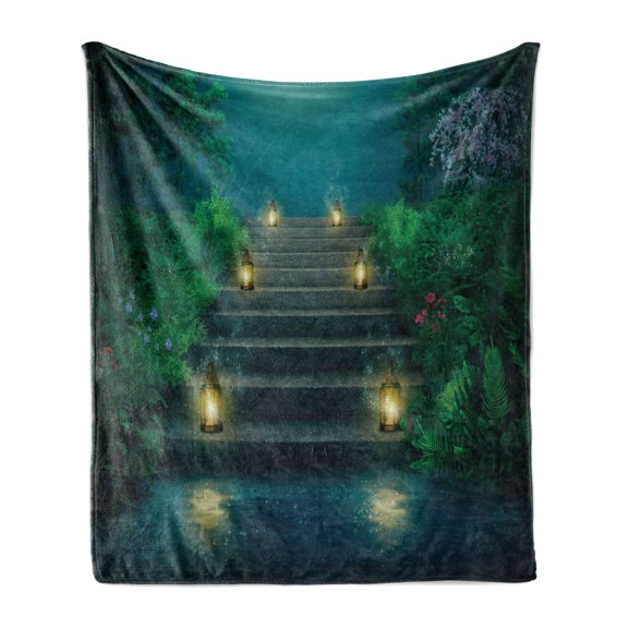 Garden Soft Flannel Fleece Throw Blanket, Mysterious Stairs with Magic Lanterns Through the Fog Illustration, Cozy Plush for Indoor and Outdoor Use, 50" x 70", Teal Green and Dark Brown, by Ambesonne
