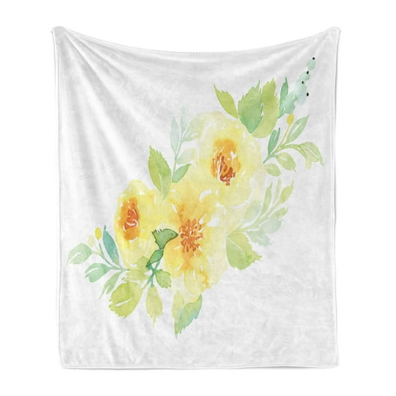 Garden Soft Flannel Fleece Throw Blanket, Nature Illustration with Watercolors Petals of the Spring Season, Cozy Plush for Indoor and Outdoor Use, 50" x 70", Pale Yellow Pale Green, by Ambesonne