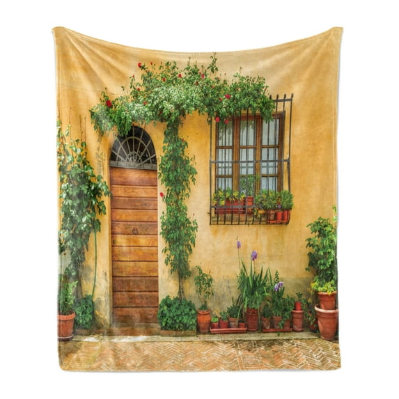 Garden Soft Flannel Fleece Throw Blanket, Still Life Photo of Old House's Interior Floral Planrs and Door, Cozy Plush for Indoor and Outdoor Use, 60" x 80", Pale Orange Fern Green, by Ambesonne