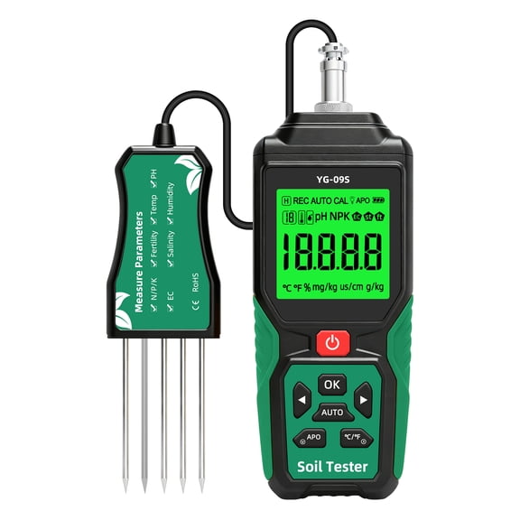 9-in-1 Soil Tester with LCD Display, Acidity Temperature Humidity NPK Conductivity Salinity Meter, Split Probe with 2 m Cable and 12 Record Storage