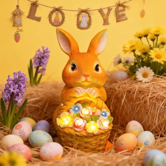 Garden Solar Figurines Rabbit Carrying Flower Basket Statue LED Light Outdoor Animal Bunny Statue for Patio Yard Lawn Gardening,Wife Valentine's Day Gift Birthday Gift