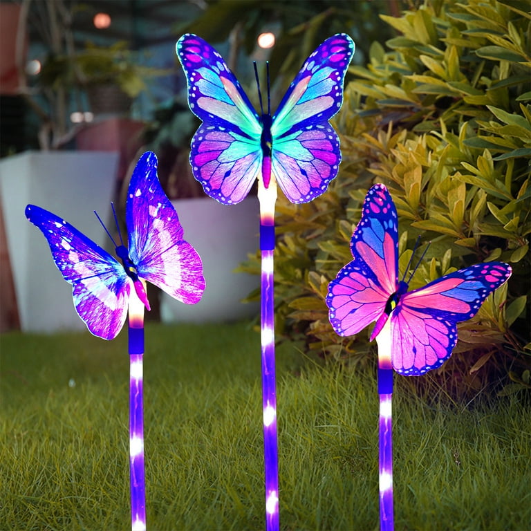 Garden Solar Lights Outdoor, 3 Pack Solar Stake Lights Multi-Color Changing LED Butterfly, Fiber Optic Decorative Lights for Yard, Garden, Solar Powered Light with a Purple LED Light Stake Garden Solar Lights Outdoor, 3 Pack Solar Stake Lights Multi-Color Changing LED Butterfly, Fiber Optic Decorative Lights for Yard, Garden, Solar Powered Light with a Purple LED Light Stake