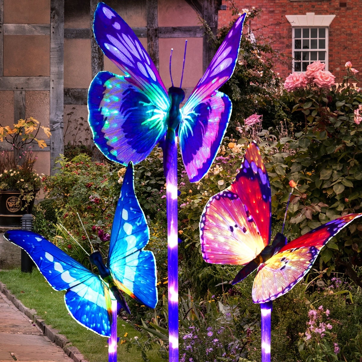 Garden Solar Lights Outdoor, 3 Pack Solar Stake Lights Multi-Color Changing LED Butterfly, Fiber Optic Decorative Lights for Yard, Garden, Solar Powered Light with a Purple LED Light Stake