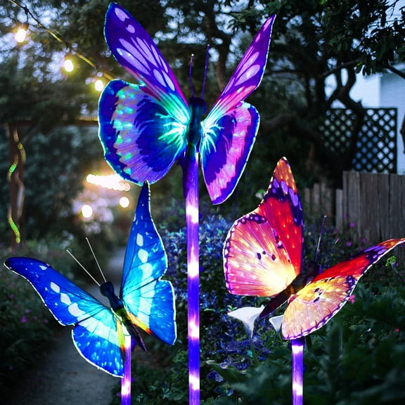 Garden Solar Lights Outdoor, 3 Pack Solar Stake Lights Multi-Color Changing LED Butterfly, Fiber Optic Decorative Lights for Yard,