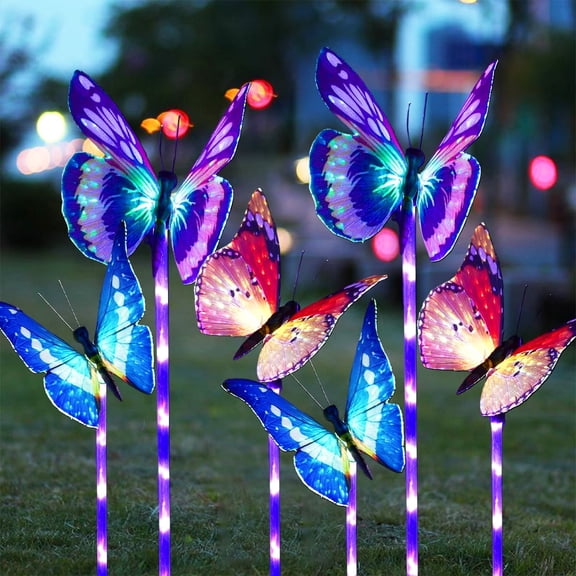 TiokMc 6-Pack Garden Solar Lights Outdoor, RGB Color-Changing LED Fiber Optic Butterfly Stake Lights, Waterproof Solar Powered Decorative Lighting for Patio, Lawn, Pathway