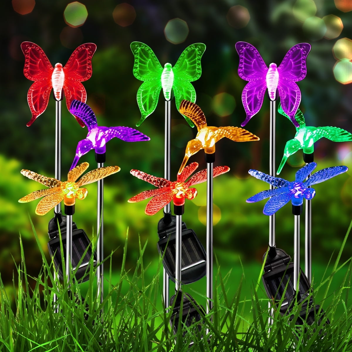 Garden Solar Lights Outdoor, 6-pack Solite Figurine Stake Light, Multi-Color Changing Decorative Landscape Lighting LED Hummingbird Butterfly Dragonfly for Patio Lawn Yard, Auto On/Off Dusk to Dawn