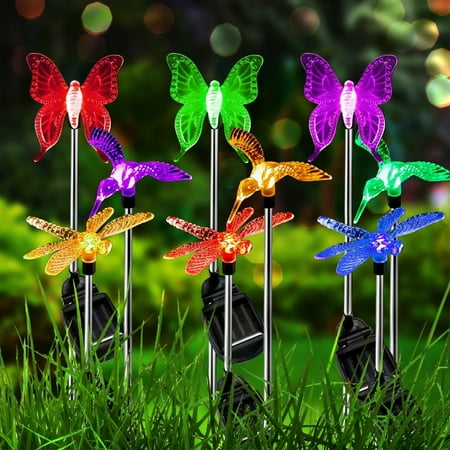 Garden Solar Lights Outdoor, 6-pack Solite Figurine Stake Light, Multi-Color Changing Decorative Landscape Lighting LED Hummingbird Butterfly Dragonfly for Patio Lawn Yard, Auto On/Off Dusk to Dawn