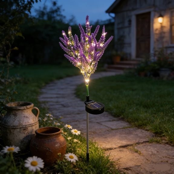 Garden Solar Lights Outdoor Lavenders Flowers 7 Heads Outdoor Artificial Plants LED Garden Stake Lights Waterproof Solar Stake Lights Lawns Decor Patio & Yard Lawn Backyard Decor
