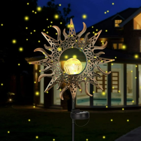 Garden Solar Stake Lights, Pathway Outdoor Moon Crackle Glass Globe Stake Metal Lights,Waterproof Warm White LED for Lawn,Patio or Backyard