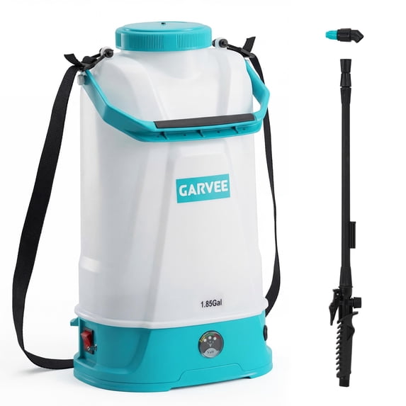 Garden Sprayer, Lawn Sprayer 1.85 Gallon Battery Powered 0-60 PSI - 12V 2Ah Rechargeable, Wide Mouth Lid, Adjustable Strap for Weeding & Lawn Care