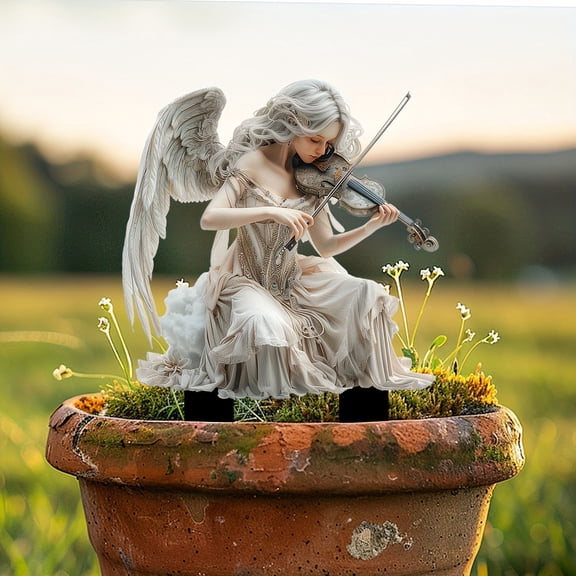 Garden Stake, 2D White Angel Playing Violin Acrylic Garden Pile Flower Pot Lawn Farm Decorative Floor Insert Sign For Outdoor Yard