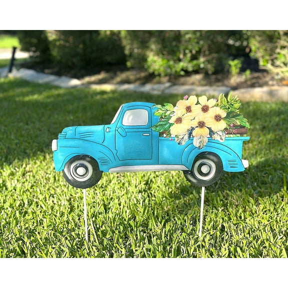 Garden Stake Large Vintage Blue Pickup Truck W Flowers Metal Spring Summer Lawn Yard Entry Colorful Decor Outdoor Home Business 18"x18"