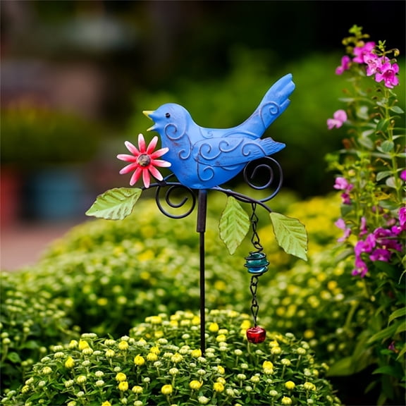 Garden Stake, Metal Bird Garden Stake with Wind Chime Outdoor Decorative Yard Art Lawn Decor Blue Bird with Flower and Hanging Bell