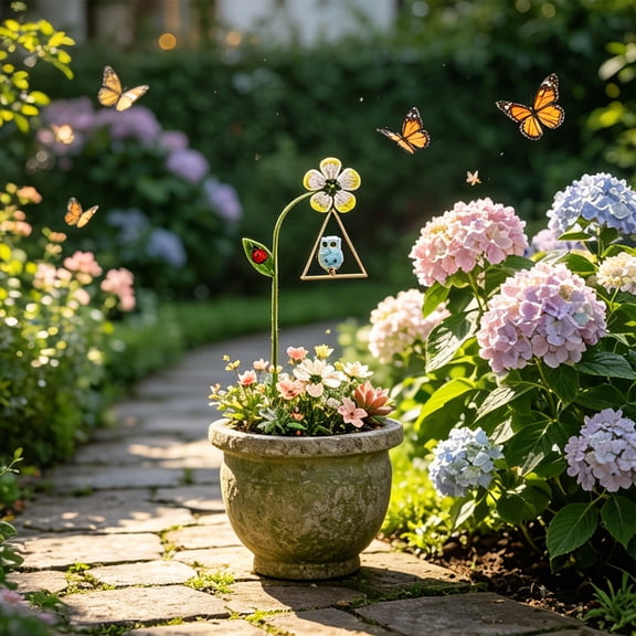 Garden Stake Ornament, Decorative Flower Pot Accent Swinging Animal Yard Stake Landscape Decor, Rust Resistant Ground Insert Decoration for Garden Flower Bed Patio for Outdoor Home Display