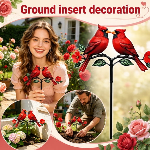 Garden Stake with Metal Cardinal Red Cardinal Red Bird Figurine, Outdoor Ornament with Ground Spike for Easy Installation in Yard & Patio 1 Pcs