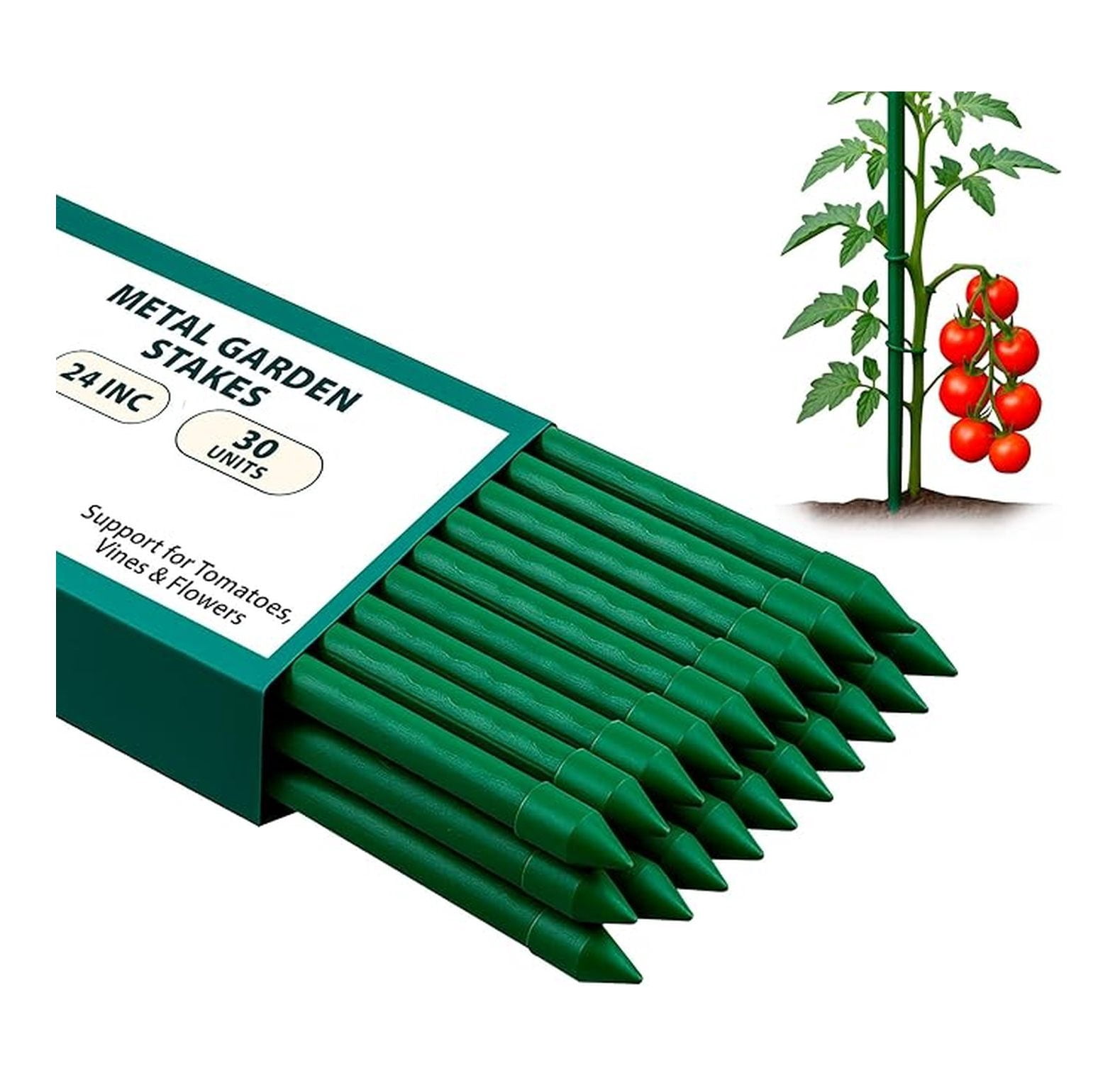 Garden Stakes 24 Inch Pack of 30, Plastic Coated Metal Plant Stakes, Plant Support Sticks for Tomato, Climbing Plants, DIY Garden Trellis
