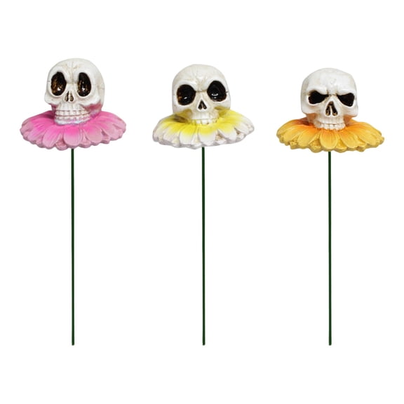 Garden Stakes Decorative 3 PCS Skull Flower Stakes Resin Daisy Skull Head Statue Scary Halloween Yard Art for Outdoor Lawn Pathway Planter Pot Decor 1.5x5 Inch