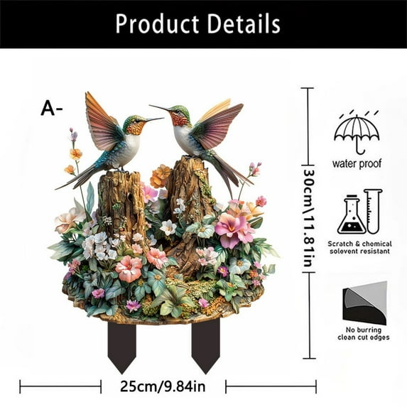 Garden Stakes Outdoor Decor, Acrylic Garden Stake, 2D Hummingbird Ground Plug for Yard Decoration, Weather-Resistant Clear Acrylic Durable Design