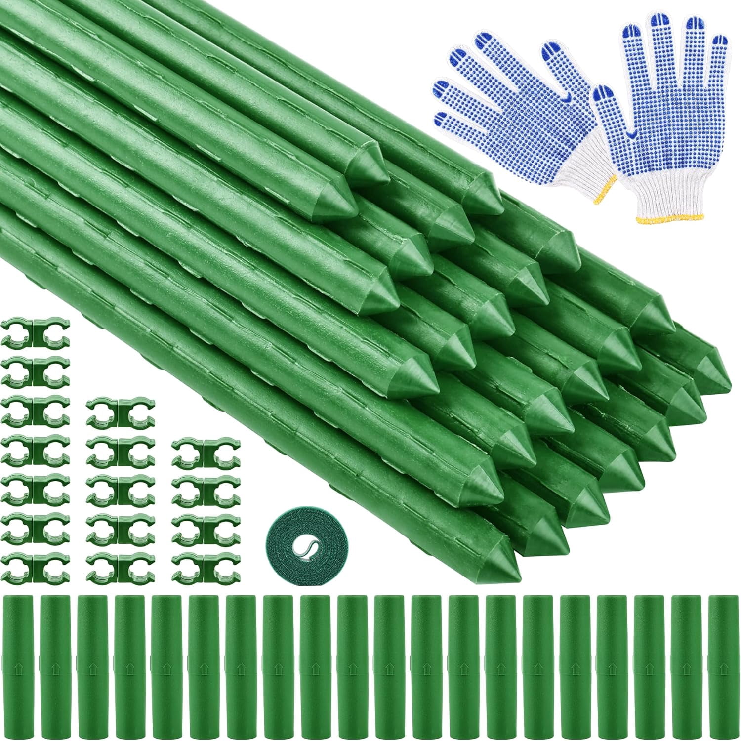 Garden Stakes16 Inch 24 Pack, Tomato cage DIY 4ft 5ft 6ft 7ft 8ft Plant Support Stakes with Connectors and Clips, Plastic Coated Metal Sticks for Tomato Indoor Outdoor