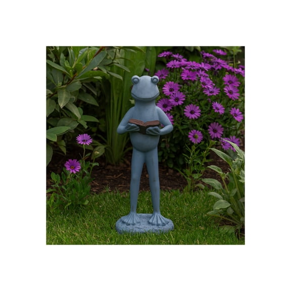 Standing Frog with Book Statue for Garden Decor - Decorative Front Porch for Patio, Backyard, and Walkways Display - Whimsical Yard Art Sculpture for Flower Bed or Deck Decor - 18", Grey & Metallic