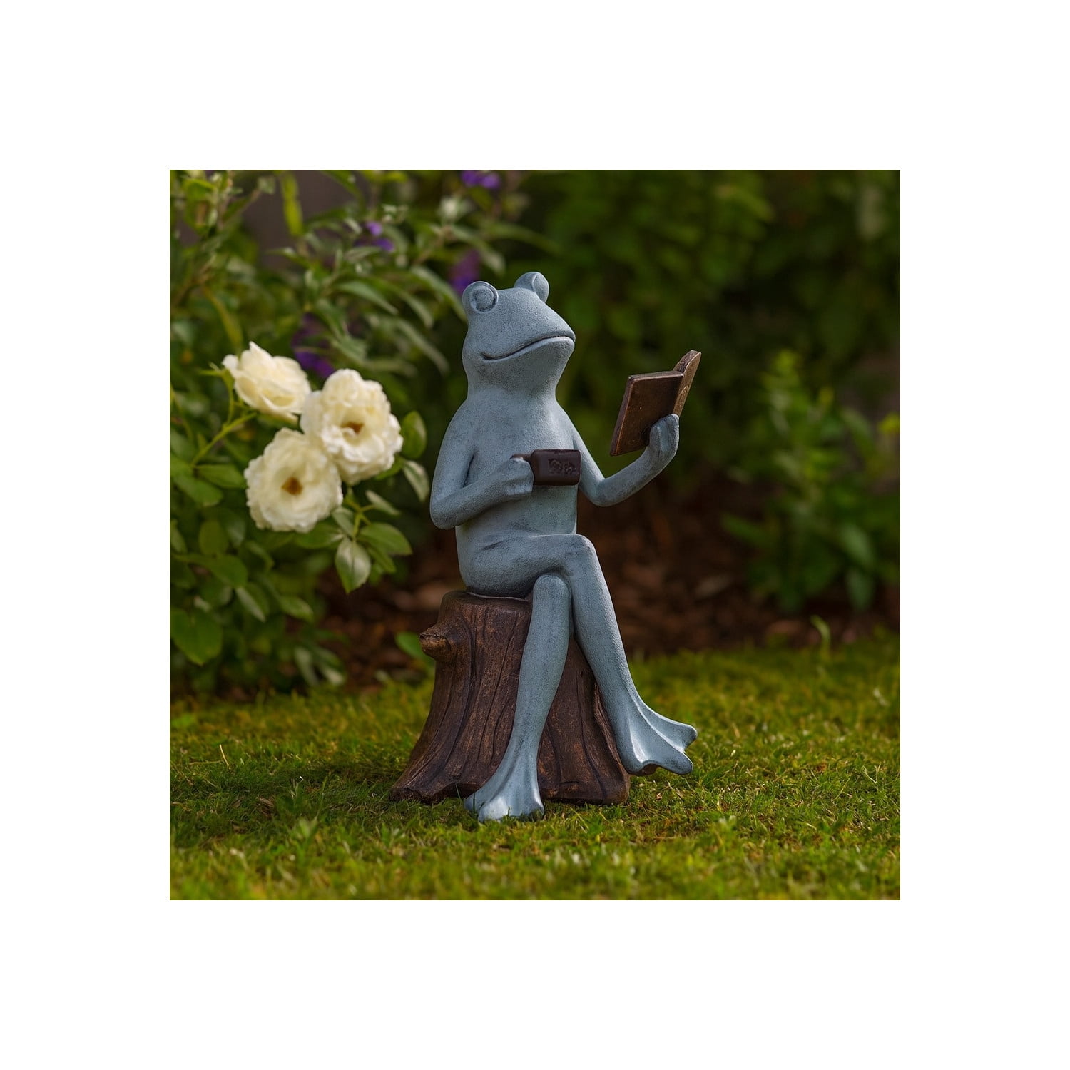 Decorative Resin Frog On Stump Statue for Garden Decor - Front Porch Accent for Landscape, Patio, or Outdoor Lounge Sitting Decor - Yard Sculpture for Walkways or Backyard - 13", Gray & Bronze
