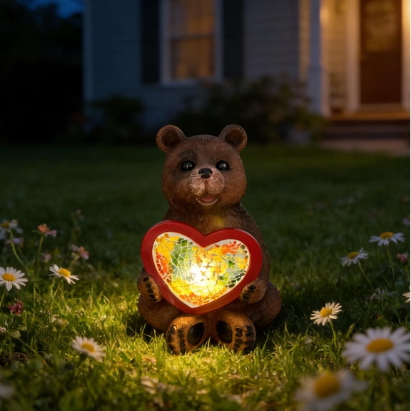 Garden Statue Brown Bear Solar Outdoor Decor