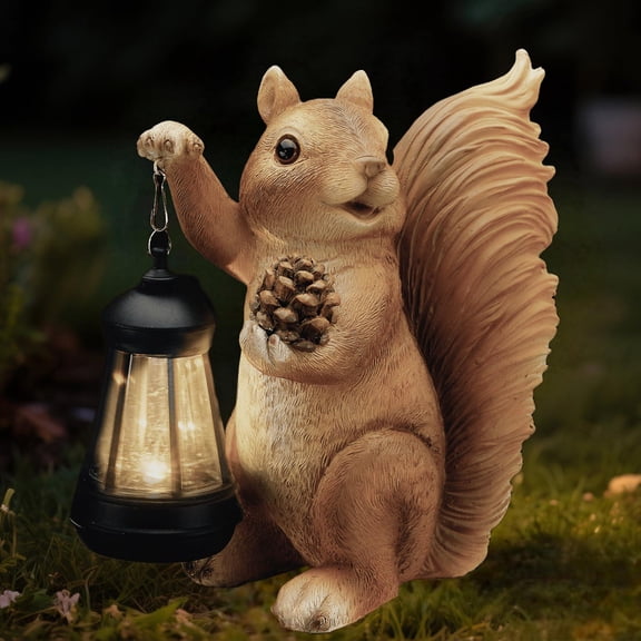 Garden Statue Brown Solar Squirrel with Lantern for Yard Lawn Patio