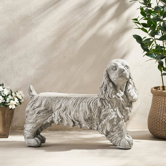 Garden Statue - Cast Stone Craftsmanship Cute Ornament Lovely Dog With Fine Hair And Intricate Facial Features Neutral Gray Wash 24.9 In. High, 10.99 Wide, 31.29 Deep Magnesium Oxide Material