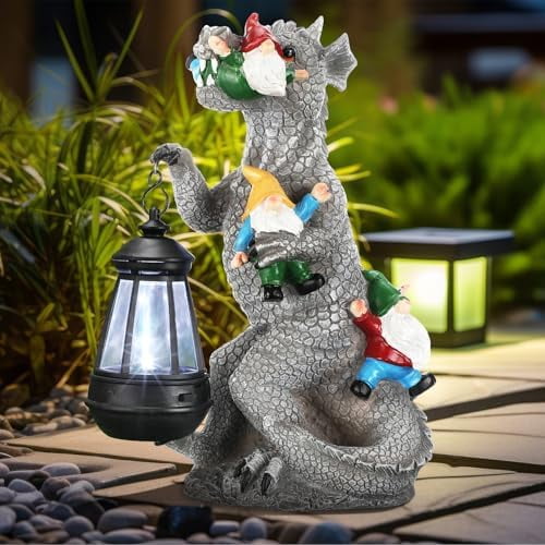 Garden Statue Decor with Solar Lantern Dinosaur Eating Gnomes Garden Statues Outdoor Decor 12 Dinosaur Gnomes Garden Statues Gnomes Statues Gardening Gift for Outdoor Patio Yard Decoration