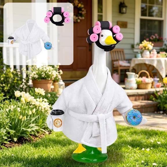 Garden Statue Goose Spa Robe Outfit Cover, Hair Roller Fabric Lawn Porch Sculpture Casual Dressing Kit