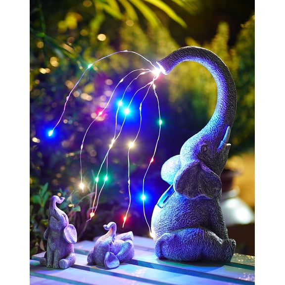 Garden Statue Gray Elephants Solar Watering Lights for Yard Patio Pathway Decor