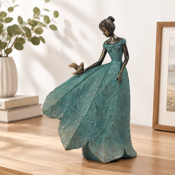 Garden Statue Green-bird Large Leaf Angel Figurine for Indoor and Outdoor Decor
