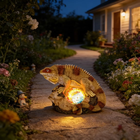 Garden Statue Khaki Iguana Solar Outdoor Decor