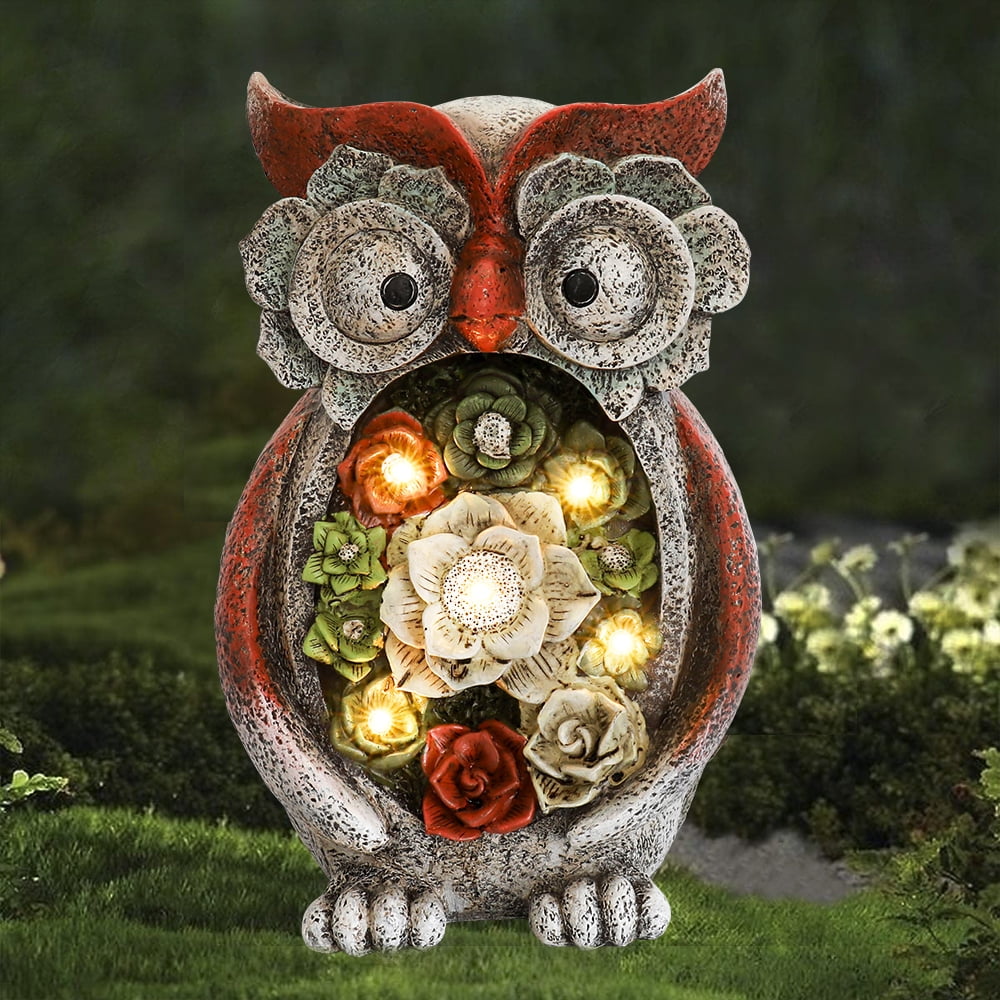 Garden Statue Owl Figurine - Resin Statue with Solar LED Lights for ...