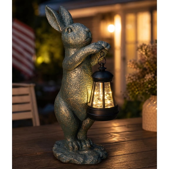 Garden Statue with Solar Lantern - Outdoor Bunny Figurine Decor with LED Lights, Weather-Resistant Yard Art Sculpture for Patio, Lawn, Pathway, and Housewarming