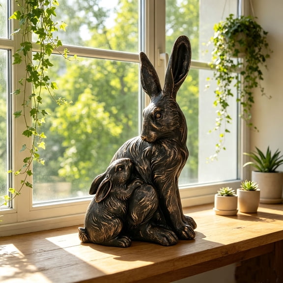 Garden Statue of Mother Hare and Baby, Resin Outdoor Sculpture for Lawn, Flower Bed, Walkway, Patio, Entryway, 22 in Tall