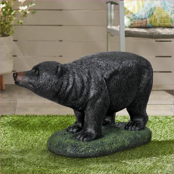 Garden Statues | 15.7"H Black Bear Decorative Statue for Indoor Outdoor Garden Use | Forest Green | Concrete Cement