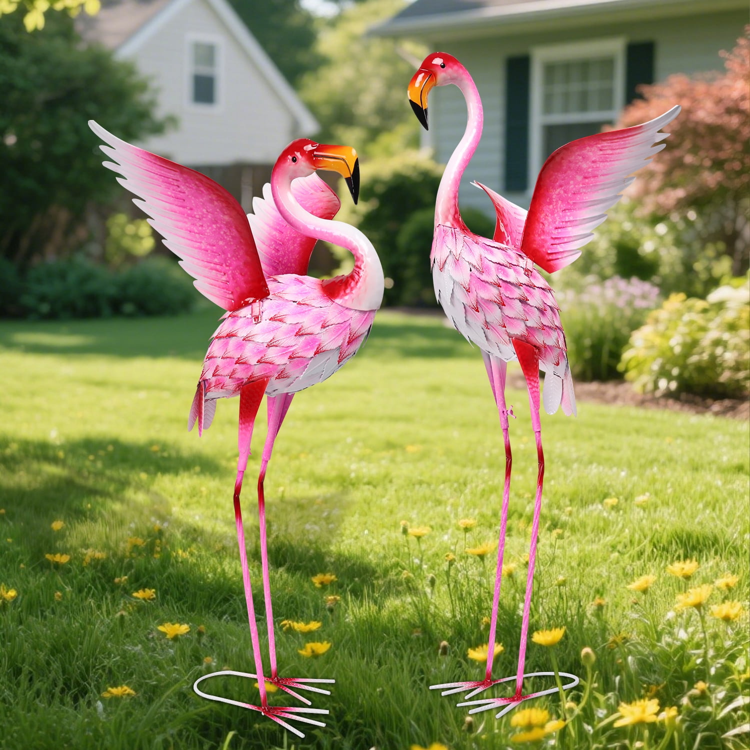Garden Statues Flamingo Sculptures Metal Yard Art, Pink Bird Art Outdoor Backyard Decor Patio Lawn Porch Ornament Flamingo Yard Decoration