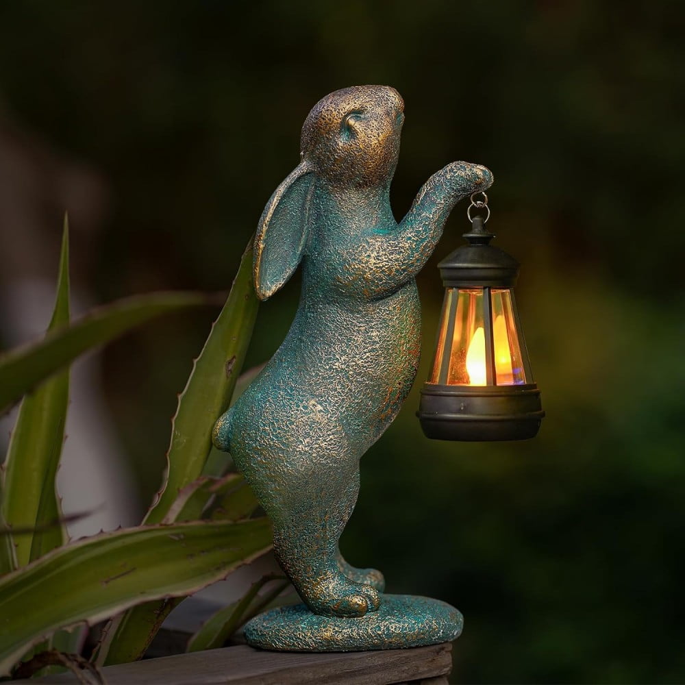 Garden Statues Rabbit with Solar Lantern Outdoor Bunny Figurines ...