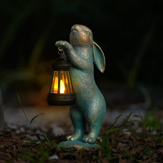 Garden Statues Rabbit with Solar Lantern Outdoor Bunny Figurines Decorations for Patio Yard Lawn Ornaments Gifts for Birthday Easter Housewarming Mother's Day