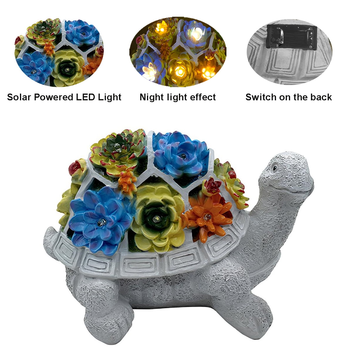 Solar Powered Gray Turtle Statue with Colorful LED Lights