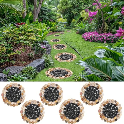 Garden Stepping Stone Outdoor Decorative Round Stepping Stones with Black Stones Round Polished River Pebble Stone from Natural River, for Garden Patio Walkway(10in 6Pcs Pack)$$Garden & Patio