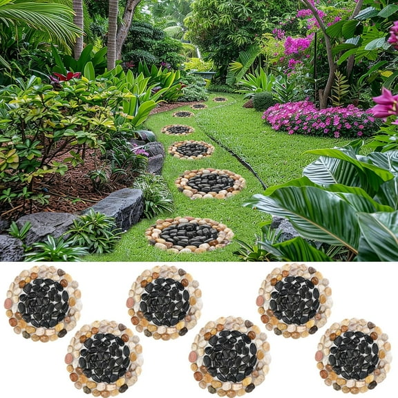 Garden Stepping Stone Outdoor Decorative Round Stepping Stones with Black Stones Round Polished River Pebble Stone from Natural River, for Garden Patio Walkway(10in 6Pcs Pack)