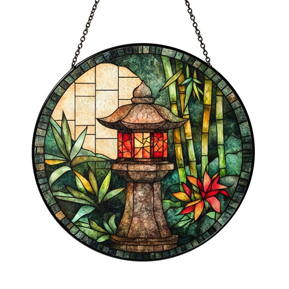 Garden Stone Lantern Stained Glass Style Suncatcher Window Hanging, Bamboo Forest Landscape Window Decor Ornament, Nature Inspired Decorative Glass Art Panel, Garden Window Accent