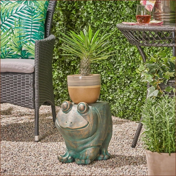 Garden Stool | 13in High Dawn Frog Rustic, Lightweight Concrete Copper Patina, No Assembly, For Garden Patio | Olive Green