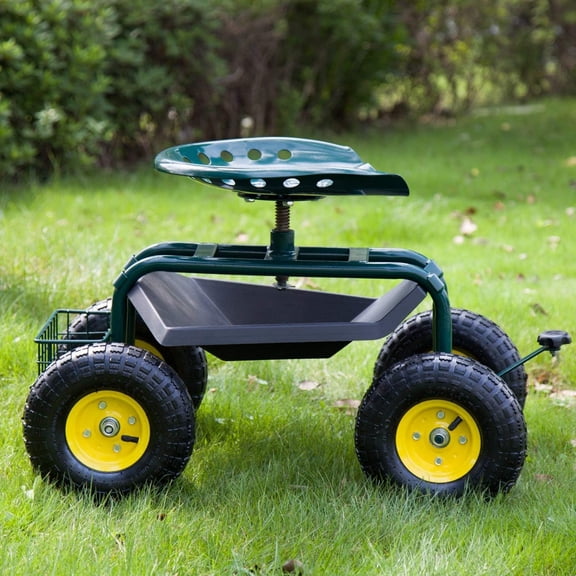 Garden Stool Cart Rolling Wagon Scooter 360 Degree Swivel Work Seat with Tool Storage Utility Basket