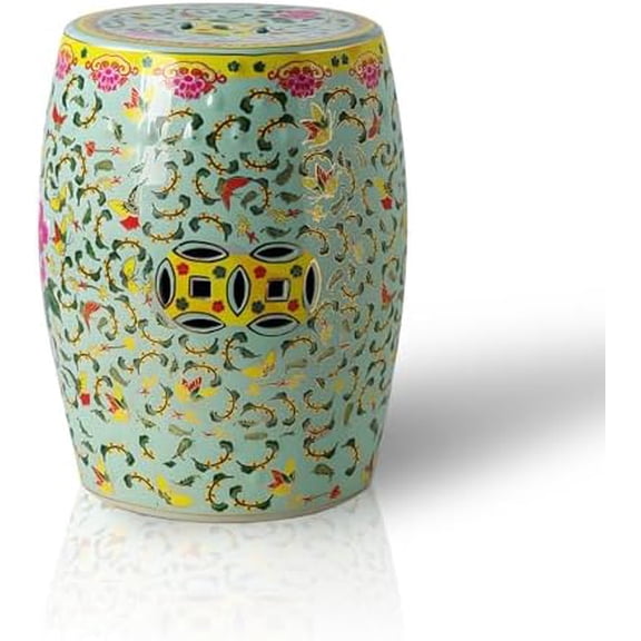 Garden Stool Ceramic Decorative Drum Stool with Double Coin Knotted Design Glazed Hand-Painted Flower Pattern Changing Stool for Living Room, Balcony, Patio, Porch$$Garden & Patio