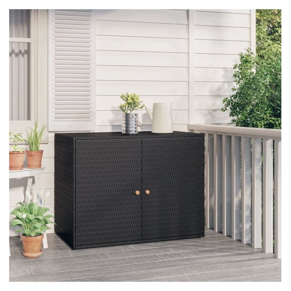 Garden Storage Cabinet Black Outdoor, Weather Resistant Patio Deck Organizer, Large Capacity Tool Shed, Rattan Style for Balcony Terrace